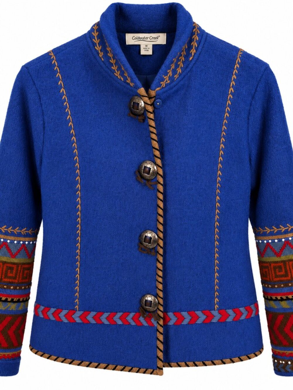 Coldwater Creek 100% Wool Blue Embroidered Southwestern Boho Jacket M